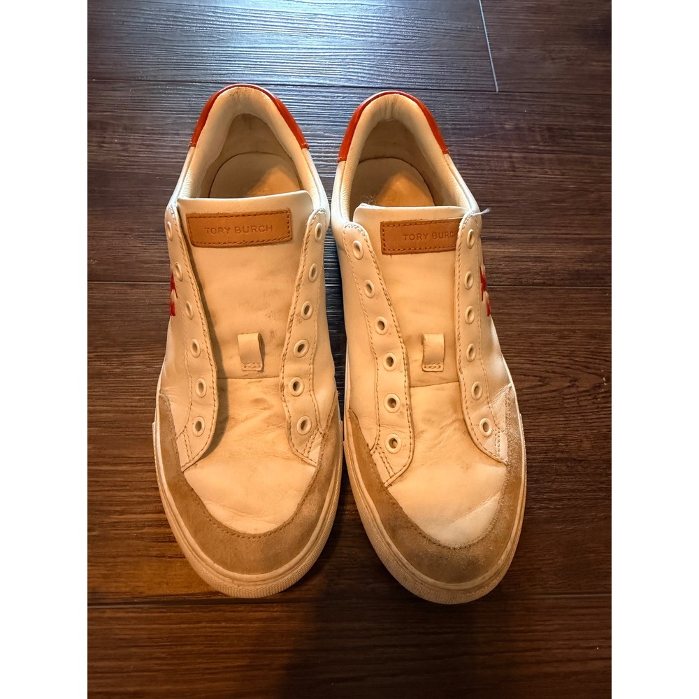 Tory Burch Howell Court Sneakers White Leather Red Logo Suede Trim 7.5M 76156